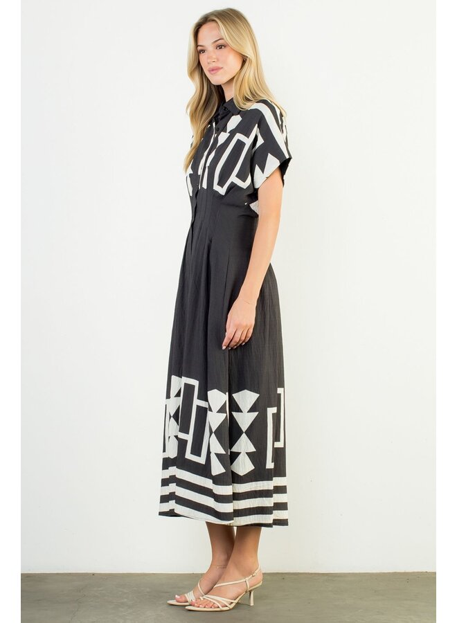 Geo Print Midi Dress Black & White