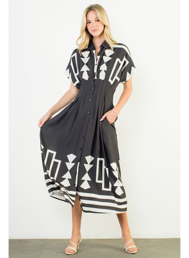 Geo Print Midi Dress Black & White