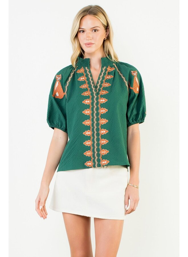 Puff Sleeve Textured V-Neck Top Green