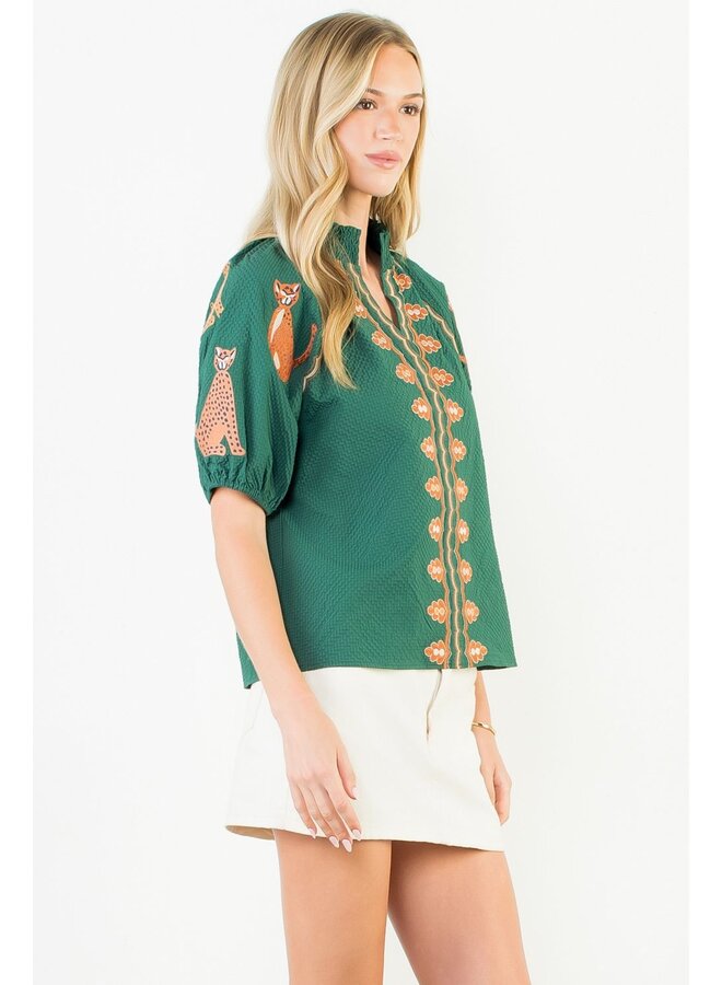 Puff Sleeve Textured V-Neck Top Green