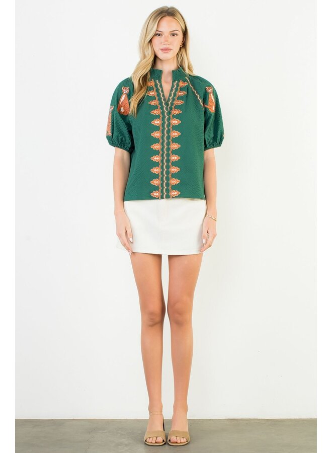 Puff Sleeve Textured V-Neck Top Green