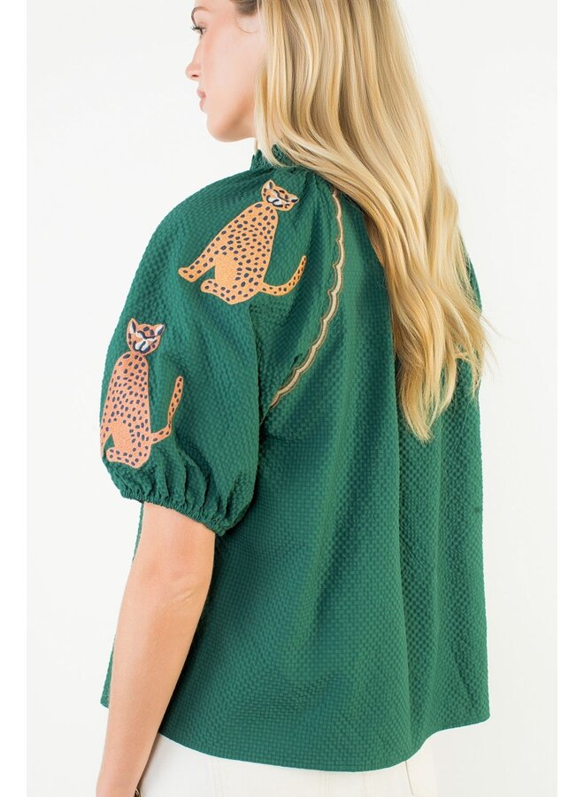 Puff Sleeve Textured V-Neck Top Green