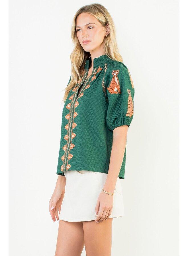 Puff Sleeve Textured V-Neck Top Green