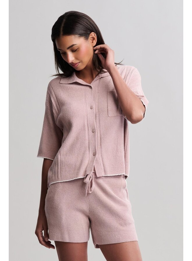 CozyChic Contrast Scallop Short Sleeve and Short Set Teaberry