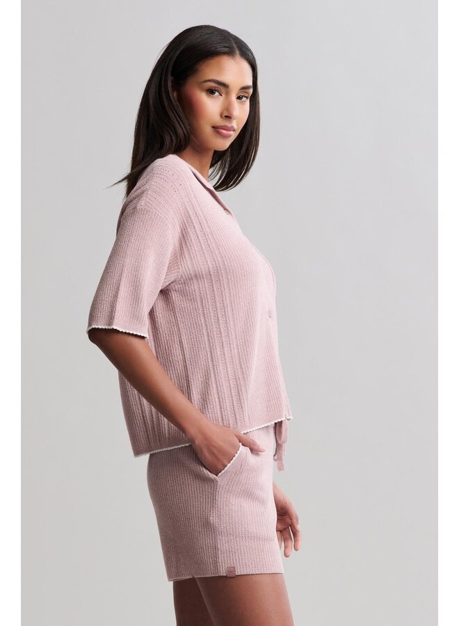 CozyChic Contrast Scallop Short Sleeve and Short Set Teaberry