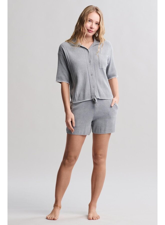 CozyChic Contrast Scallop Short Sleeve and Short Set Moonbeam