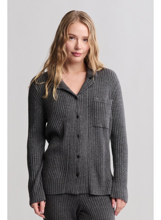 Lurex Rib Button Front Shirt Carbon