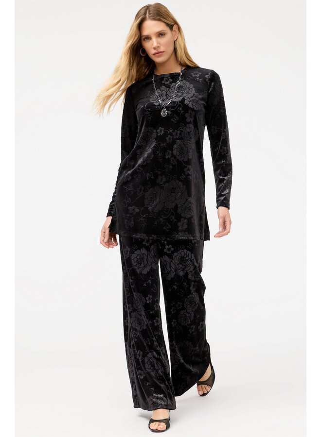 Embossed Stretch Velvet Wide Leg Pant Black