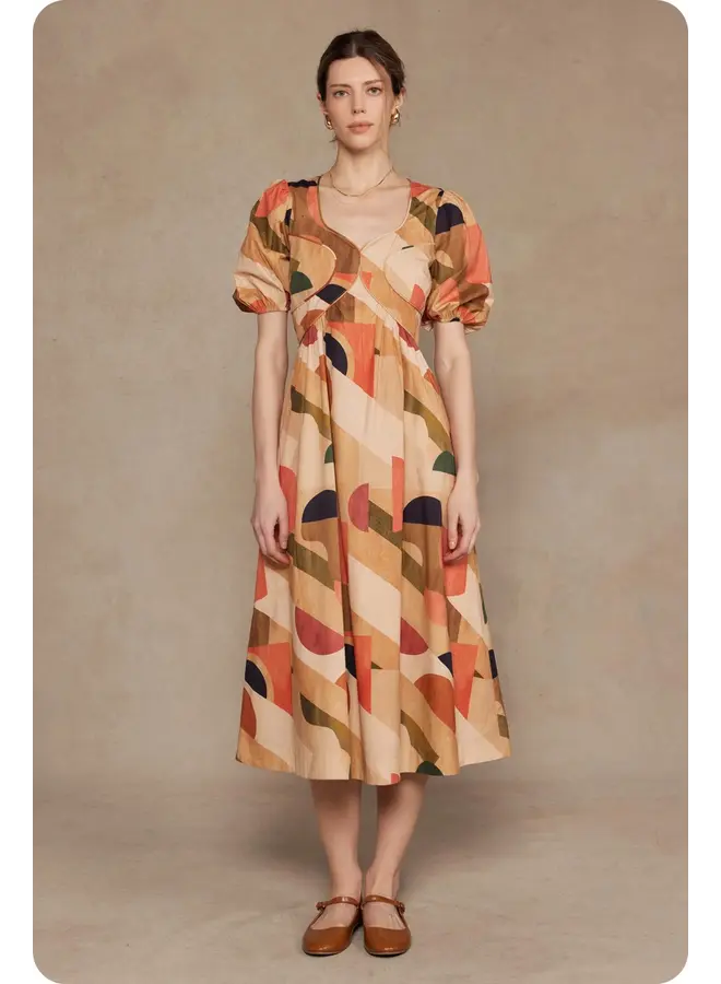 Piping Detail Printed Midi Dress Tan