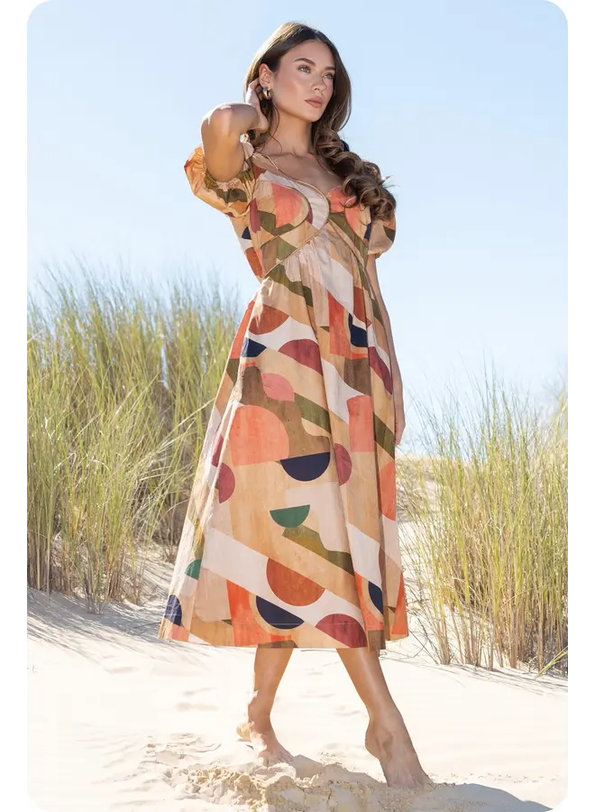 Piping Detail Printed Midi Dress Tan