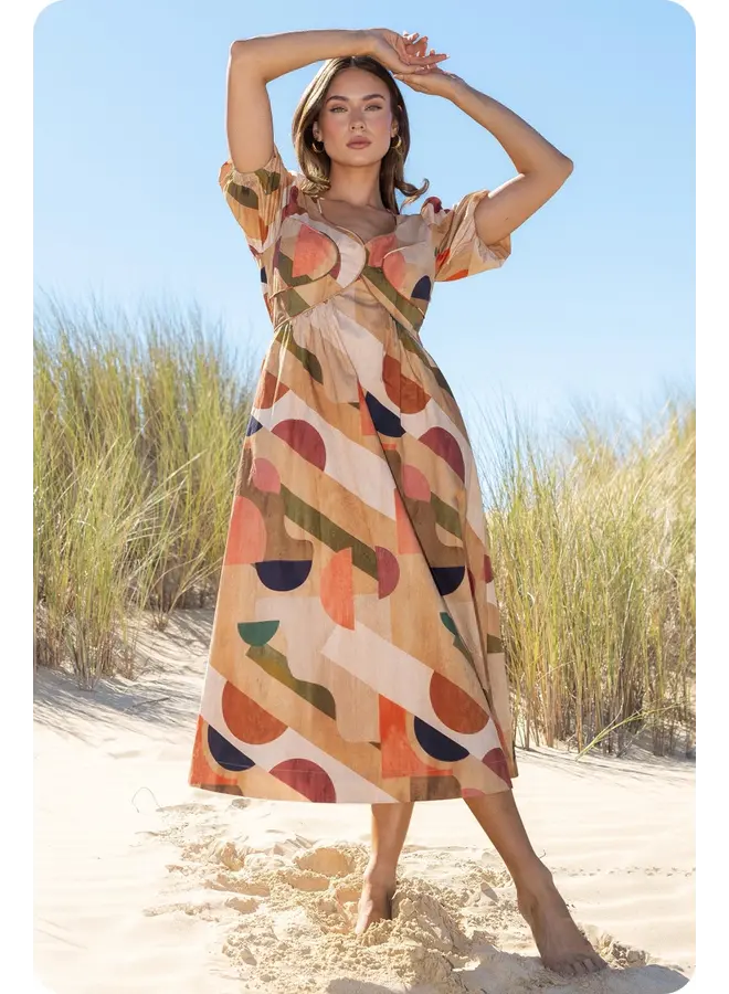 Piping Detail Printed Midi Dress Tan