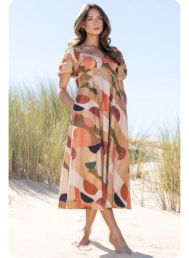 Piping Detail Printed Midi Dress Tan