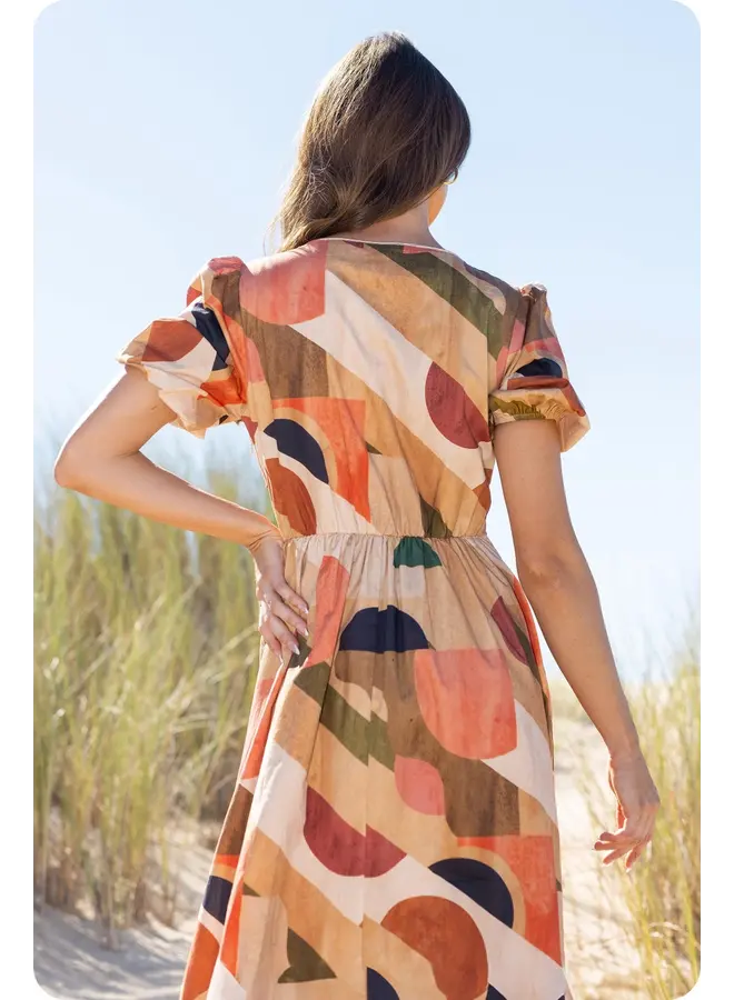 Piping Detail Printed Midi Dress Tan