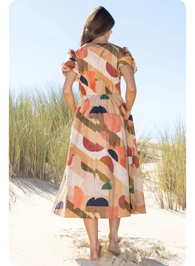 Piping Detail Printed Midi Dress Tan