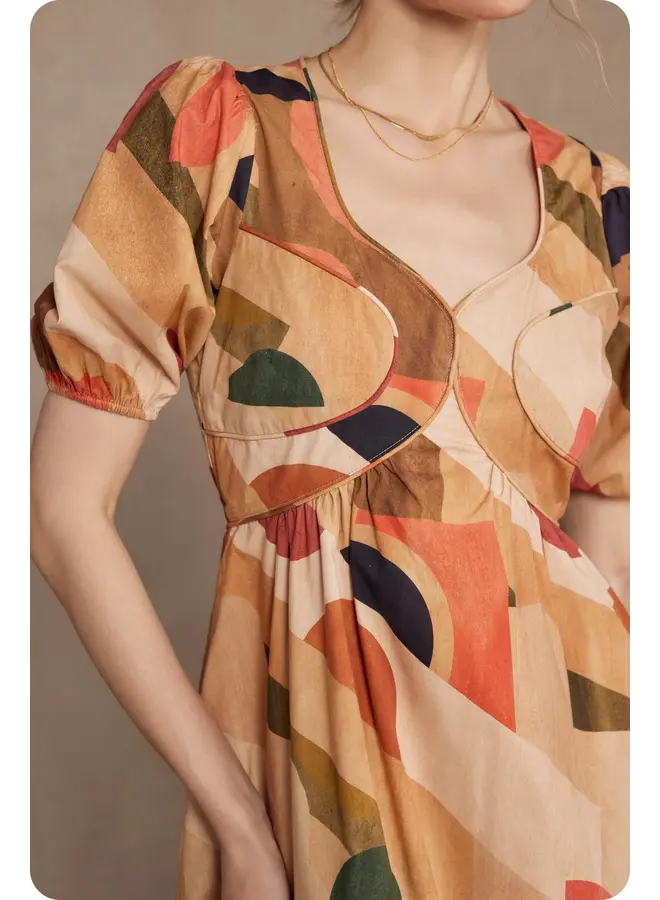 Piping Detail Printed Midi Dress Tan