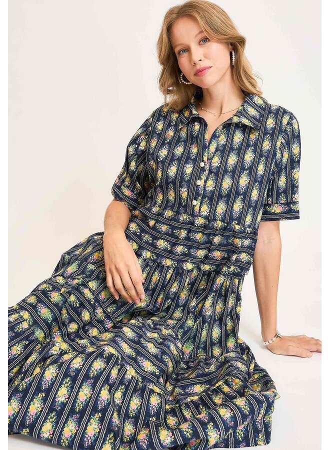 Collar Neck Printed Midi Dress Navy