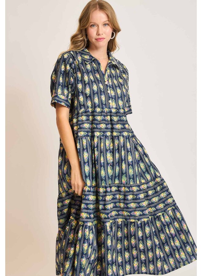 Collar Neck Printed Midi Dress Navy