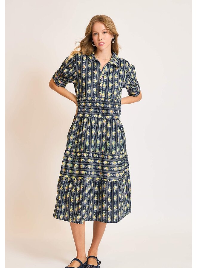 Collar Neck Printed Midi Dress Navy