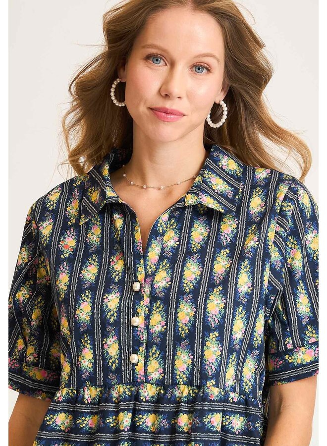 Collar Neck Printed Midi Dress Navy