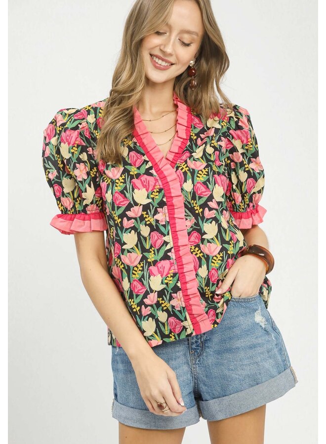 Puff Sleeve Floral Top w/ Pink Ruffle Stripe Trim Black Mix