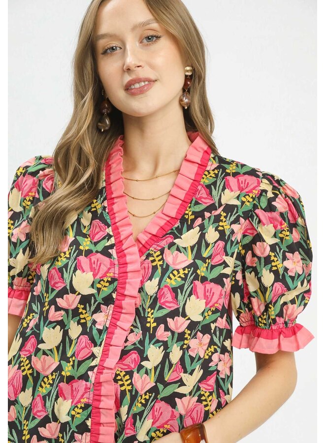 Puff Sleeve Floral Top w/ Pink Ruffle Stripe Trim Black Mix