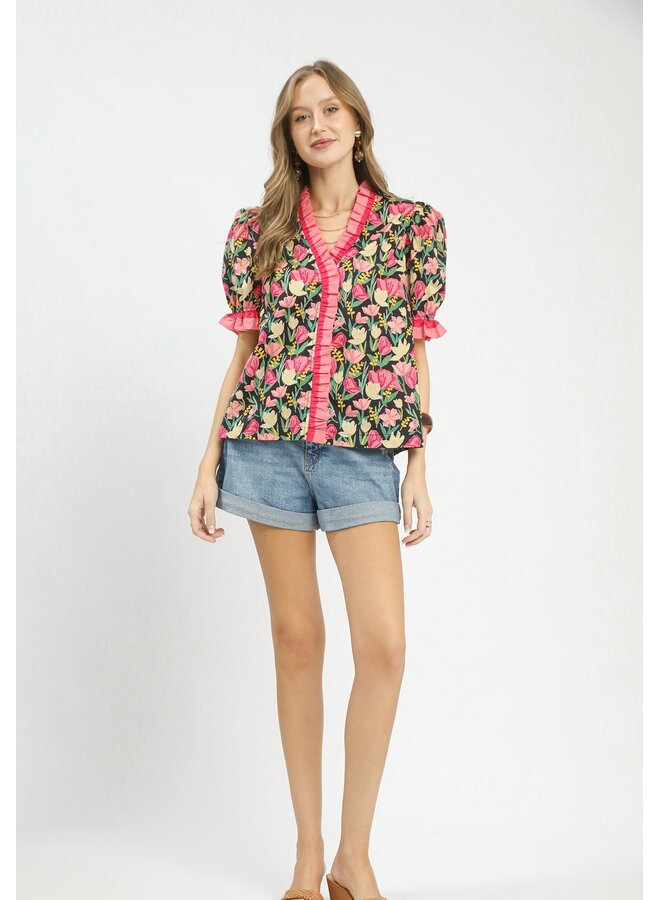 Puff Sleeve Floral Top w/ Pink Ruffle Stripe Trim Black Mix