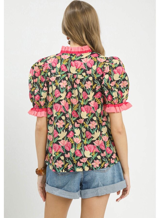 Puff Sleeve Floral Top w/ Pink Ruffle Stripe Trim Black Mix