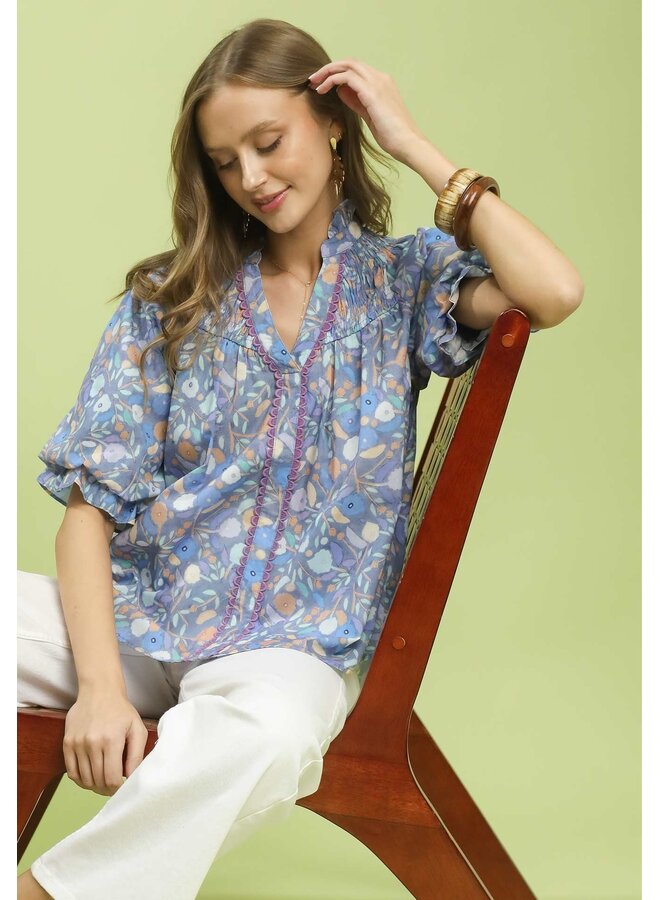 Puff Sleeve Ruffle V-Neck Top Blue