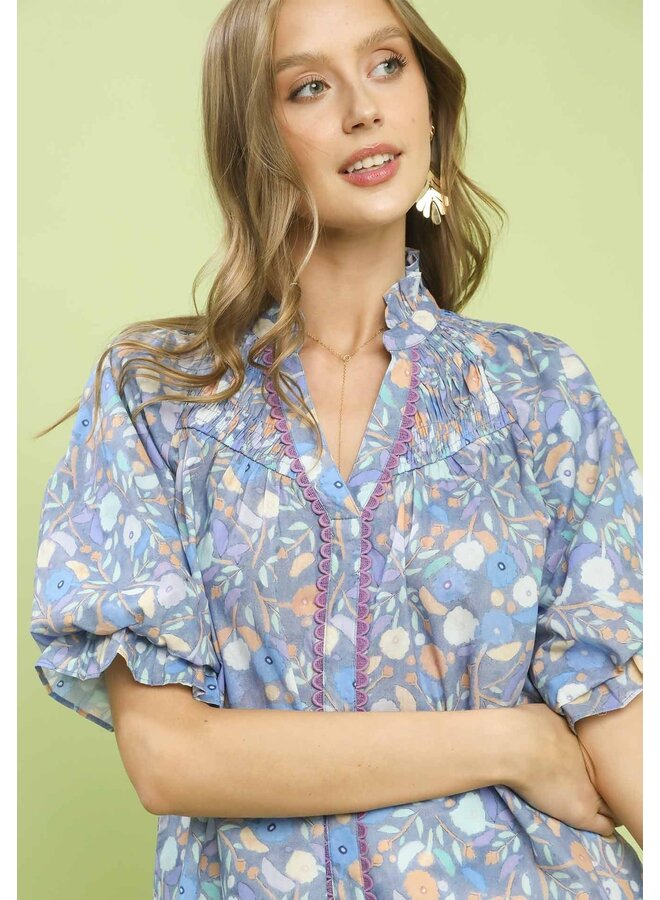 Puff Sleeve Ruffle V-Neck Top Blue