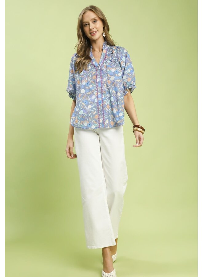 Puff Sleeve Ruffle V-Neck Top Blue