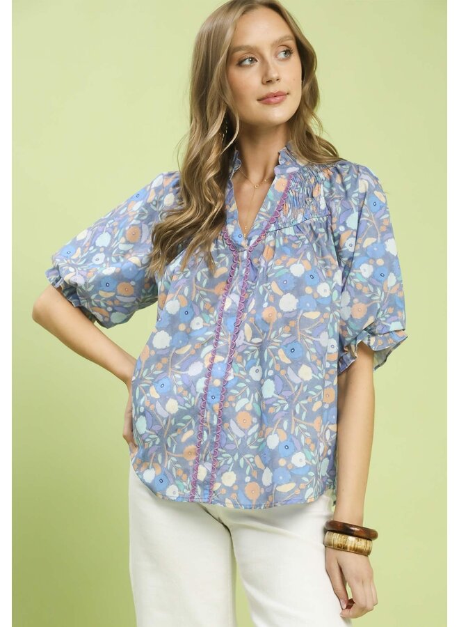 Puff Sleeve Ruffle V-Neck Top Blue