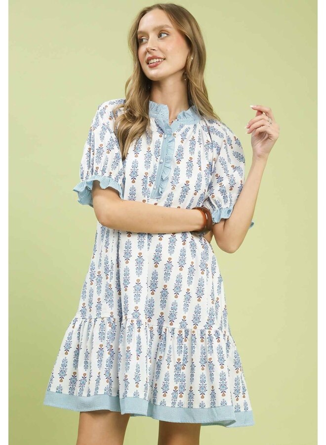 Striped Trim Floral Tiered Mini Dress Blue