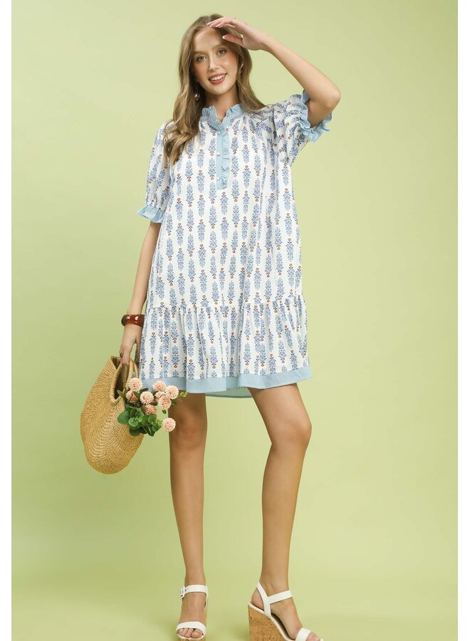 Striped Trim Floral Tiered Mini Dress Blue