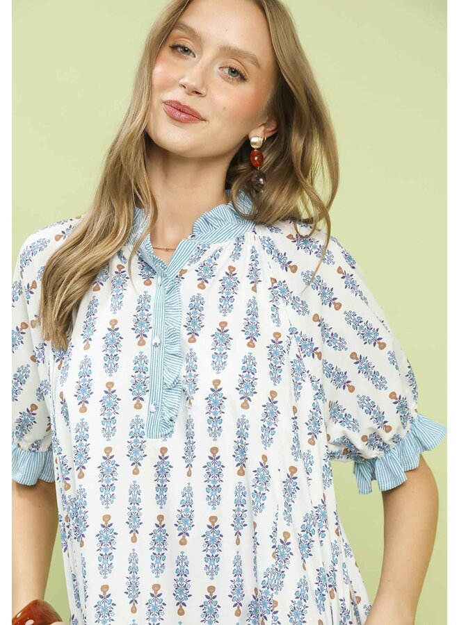 Striped Trim Floral Tiered Mini Dress Blue