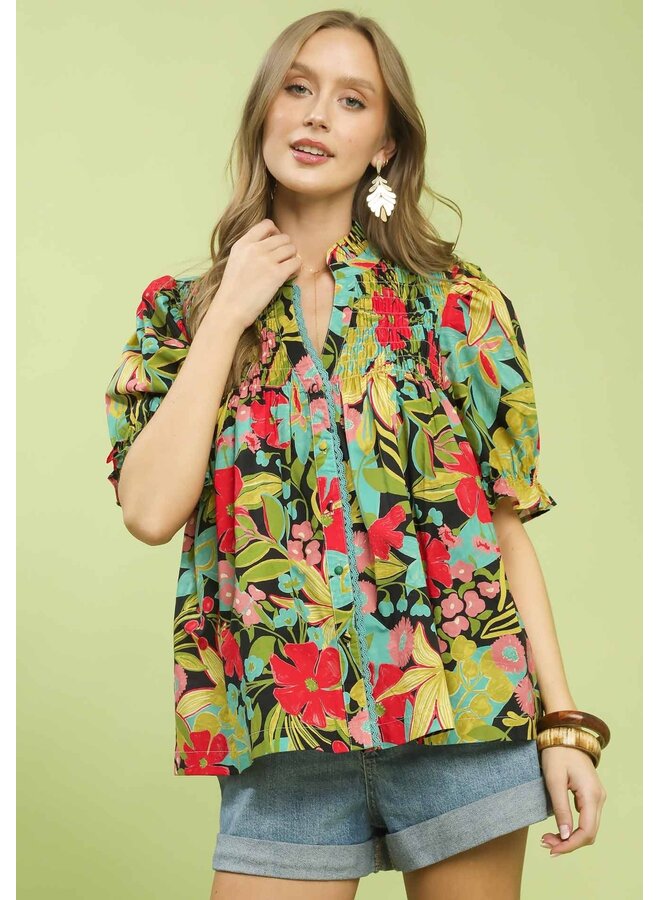 Tropical Puff Sleeve Floral Top Black Mix