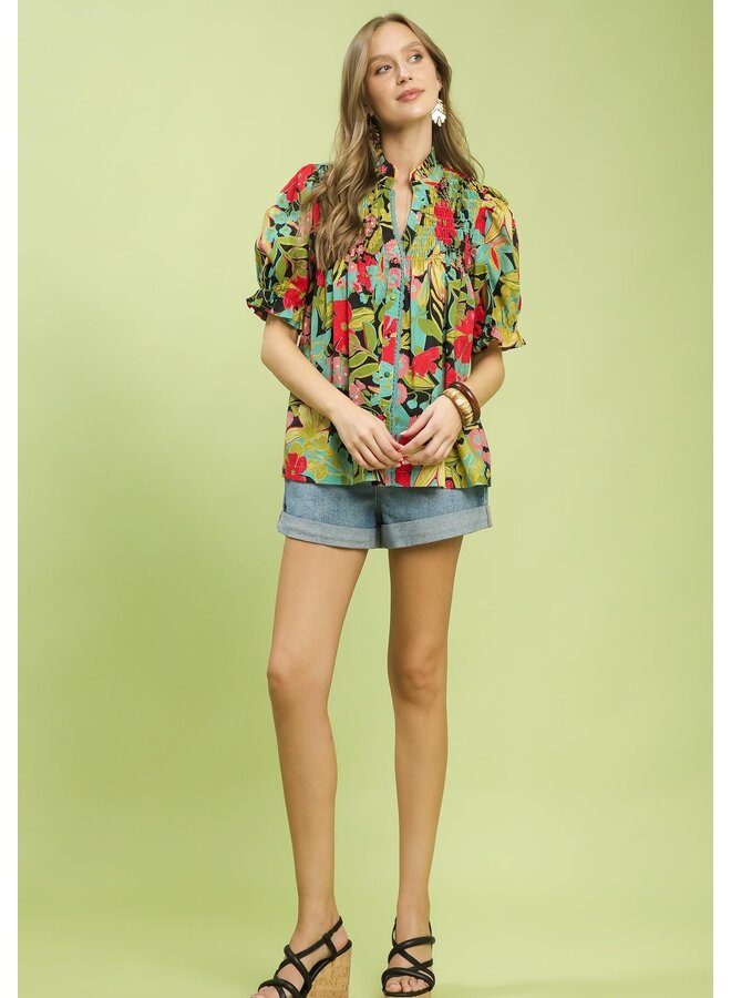 Tropical Puff Sleeve Floral Top Black Mix