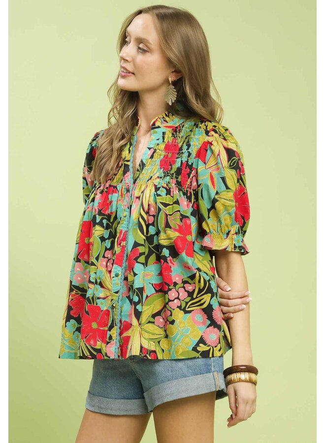 Tropical Puff Sleeve Floral Top Black Mix