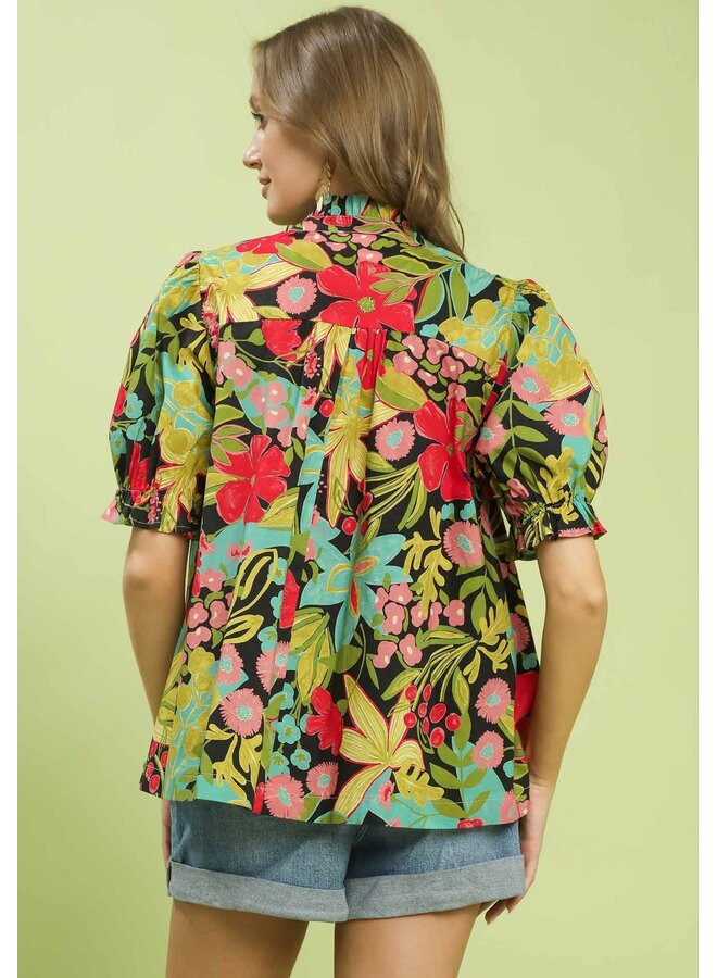 Tropical Puff Sleeve Floral Top Black Mix