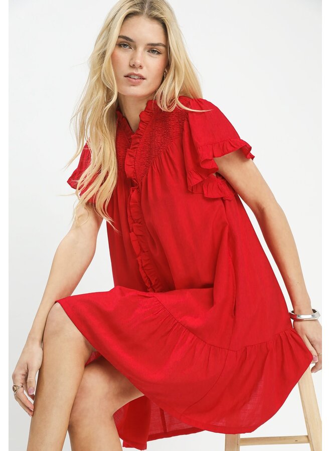 Smocked Ruffle Babydoll Mini Dress Red