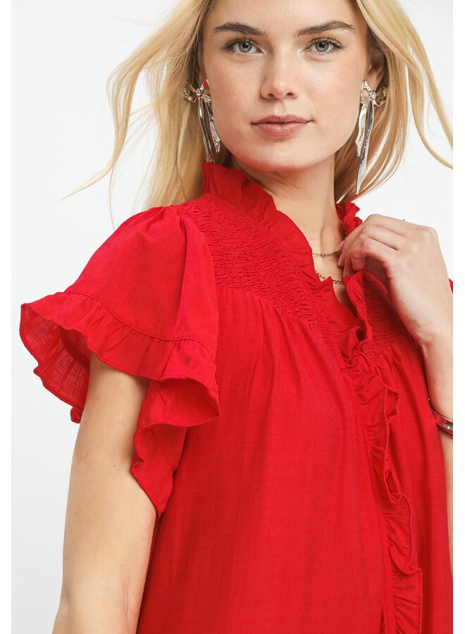 Smocked Ruffle Babydoll Mini Dress Red