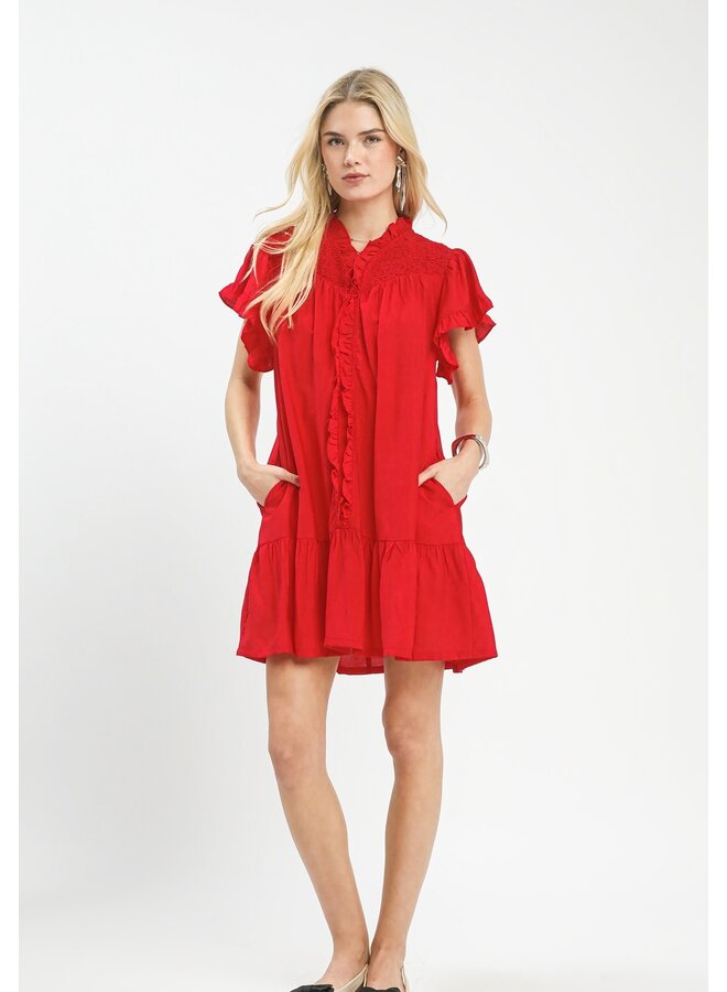 Smocked Ruffle Babydoll Mini Dress Red