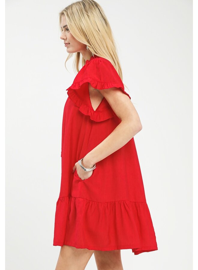 Smocked Ruffle Babydoll Mini Dress Red