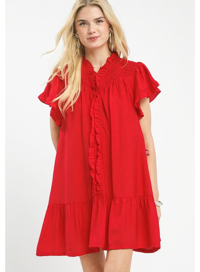 Smocked Ruffle Babydoll Mini Dress Red