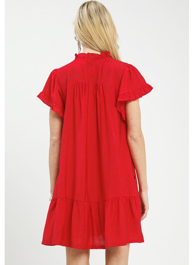 Smocked Ruffle Babydoll Mini Dress Red