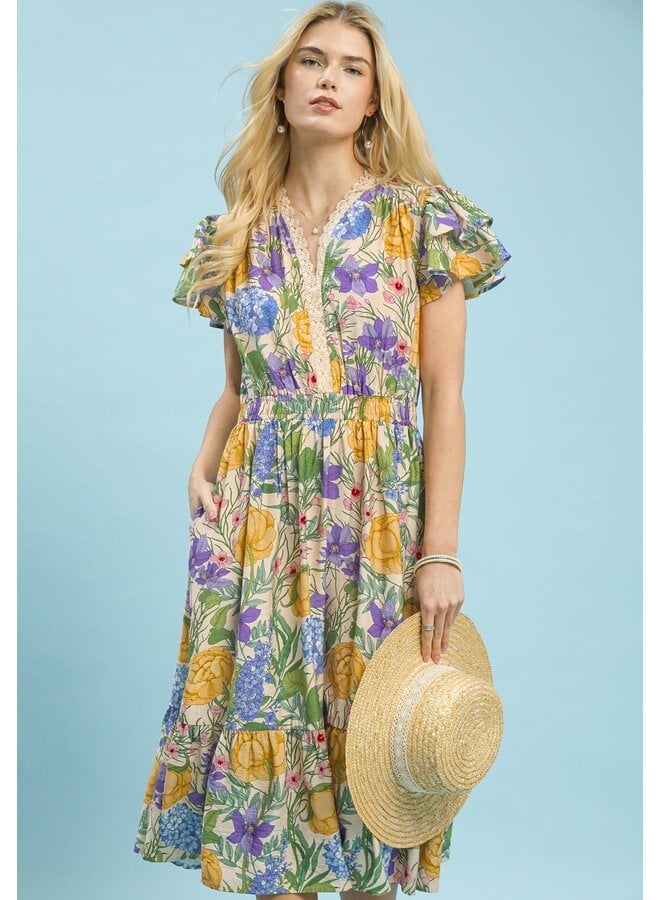 Flutter Sleeve Floral Lace Trim Midi Dress Natural
