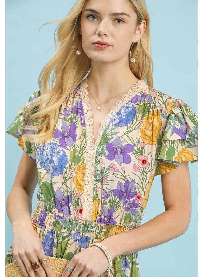 Flutter Sleeve Floral Lace Trim Midi Dress Natural