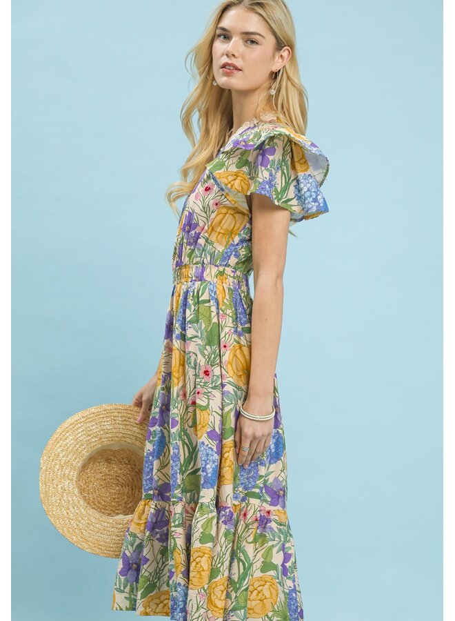 Flutter Sleeve Floral Lace Trim Midi Dress Natural