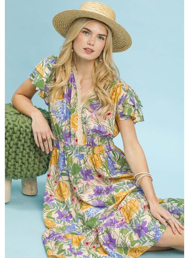 Flutter Sleeve Floral Lace Trim Midi Dress Natural