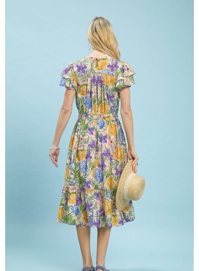 Flutter Sleeve Floral Lace Trim Midi Dress Natural