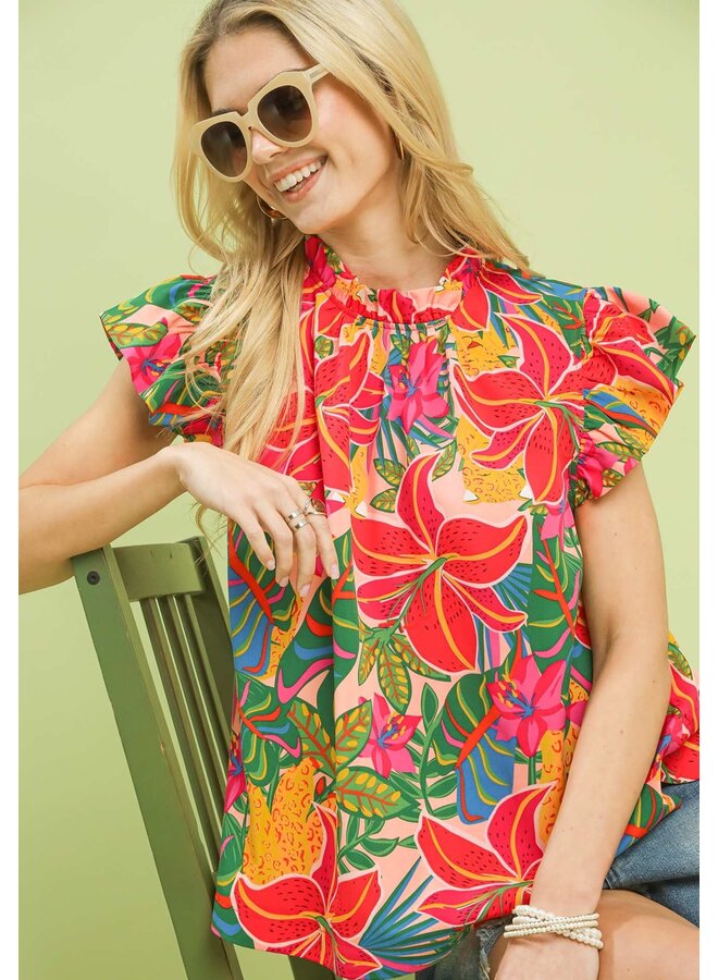Tropical Floral Ruffle Sleeve High Neck Top Pink